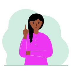 Happy woman holding his index finger up. Vector