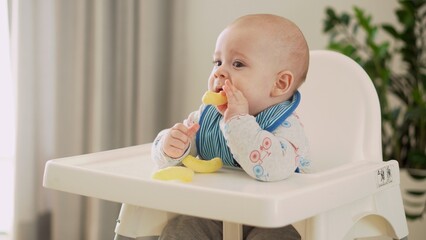 mom Mother feed young baby in white feeding up high chair, first supplement vegetable puree Happy smiling kid eat for the frst time, child with dirty face, little infant boy eating porridge nutrition