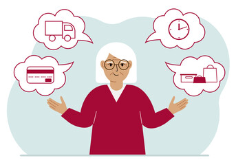 Ordering and delivery process concepts. Happy grandmother and steps of a delivery order. Payment, delivery car, waiting hours and goods and purchases.