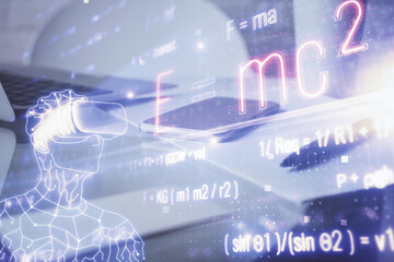 Double exposure of formula drawing and mobile phone background. Concept of education