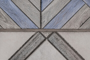 Abstract geometric floor exterior pattern with tiles and blue boards texture design modern interior wooden background