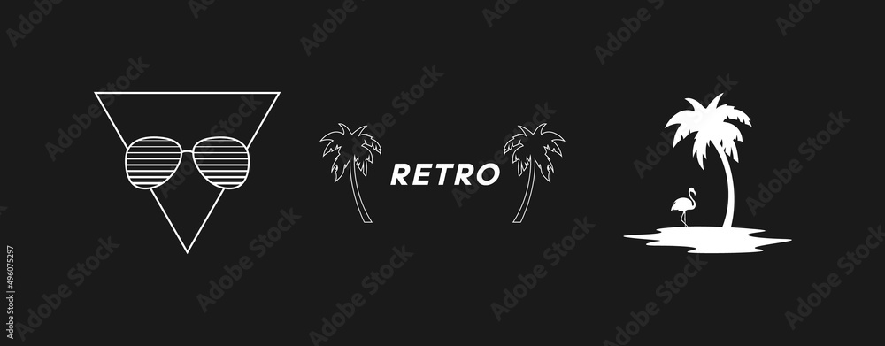 Poster set of retrowave design elements. triangle with striped sunglasses, retro title with palm trees, and