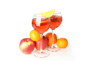 Glasses with Sangria, and ingredients isolated on white background