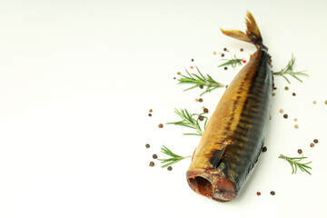 Concept of tasty food with smoked mackerel, space for text