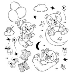 Set of cute panda characters. Panda in striped T-shirt flies on balloons, plays and hangs on moon, gifts and rainbow in clouds. Vector illustration in linear hand doodles style For nursery collection