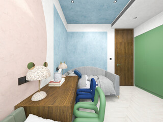 3d illustration, warm and comfortable bedroom, warm big bed room, bedside table, dressing table, etc