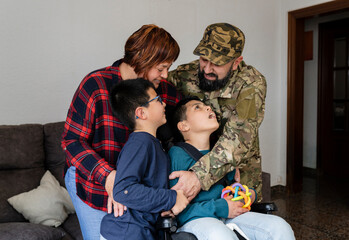 Fototapeta na wymiar family military parent family embrace, reunion - concept of war -