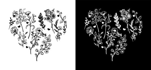Vector drawing of dried flowers in the shape of a heart, print for t-shirt. Black and white drawing.