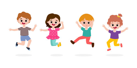 set of group Kids jumping on the park, children jump with joy, happy cartoon child playing on the playground, isolated on white background Vector Illustration