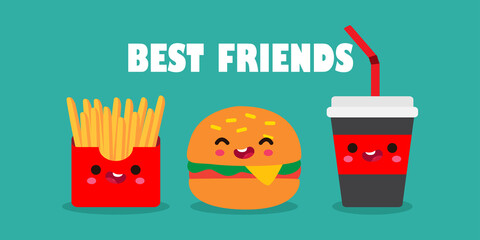 Vector Illustration Of Cute cartoon Happy hamburger, french fries, Cola,  Funny characters Best friends forever Concept food and drink poster isolated on white background 