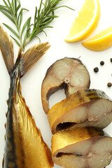 Concept of tasty food with smoked mackerel, close up