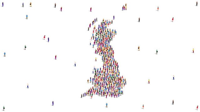 The United Kingdom or England Map A large group of people form to create a UK map. 4K Video Animation.