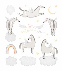 Set of winged horses, clouds, rainbow, moon and stars on a white background. Delicate colors. Cute baby style. Stock illustration.