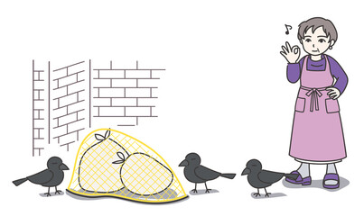 ゴミ袋にゴミ用ネットを被せてOKサインをしているエプロン姿の女性D【カラー／壁あり】