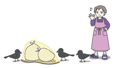 ゴミ袋にゴミ用ネットを被せてOKサインをしているエプロン姿の女性D【カラー／壁なし】