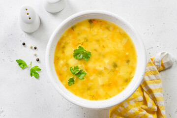 Mung bean coconut milk yellow vegetable soup. Top view, copy space.