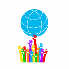 Colorful hands up with hearts over white background. Vector. hands with earth, people of the world holding the globe, flat vector sticker, poster, etc