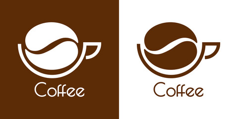 Coffee Shop. Logotipo con texto Coffee con silueta de frijol de café en taza con líneas en fondo marrón y fondo blanco © teracreonte