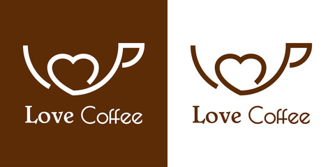 Coffee Shop. Logotipo con texto Love Coffee con silueta de corazón en taza de café con líneas en fondo marrón y fondo blanco