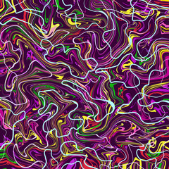 Abstract multicolored neon painted pattern with bright irregular wavy lines, marbled texture