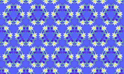 Botanical summer background of round wreaths with white daisies and blue forget-me-nots