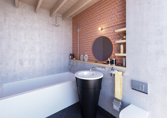 Industrial style bathroom design with red brick wall and concrete wall, 3d interior illustration render artwork, matt black vanity and basin - obrazy, fototapety, plakaty