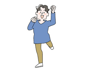 目標を達成して喜んでいる男性　コミカルな手書きの人物　ベクター、線画にカラー