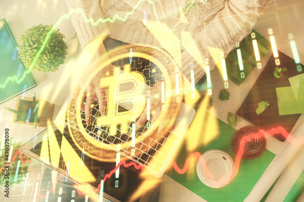 Poster double exposure of woman hands working on computer and blockchain theme hologram drawing. top view. 