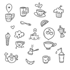 Vector coffee set. Doodle cafe collection. Cute print things food, drinks and utensils.
