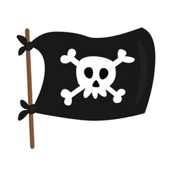 Pirate flag in cartoon style on white background. Black pirate flag on a stick flutters in the wind
