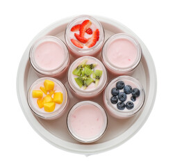 Modern yogurt maker with full jars on white background, top view
