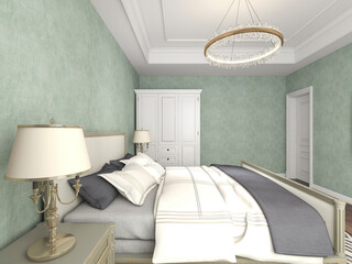 3D rendering, elegant and modern bedroom design, big bed with overcoat cabinet, coffee table, TV, carpet, etc., very comfortable and leisure.