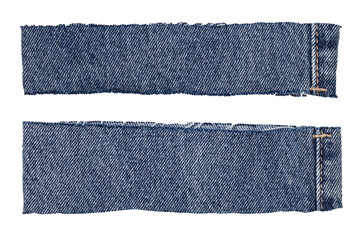Closeup of two cut-off pant leg pieces of a blue denim jeans isolated on white background. Macro.