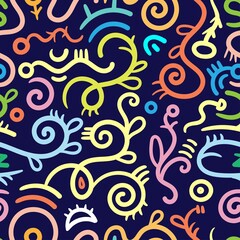 Seamless pattern with different plants on blue background. Vector print with herbs. Cartoon doodle forest.