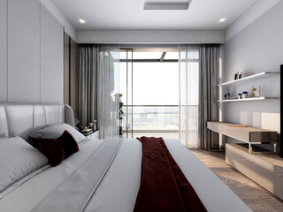 3D rendering, elegant and modern bedroom design, big bed with overcoat cabinet, coffee table, TV, carpet, etc., very comfortable and leisure.