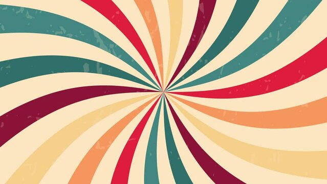 Retro background with curved, rays or stripes in the center. Rotating, spiral stripes. Sunburst or sun burst retro background. Turquoise and red colors. High quality 4k footage