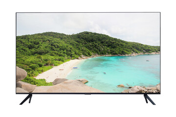 TV 4K flat screen lcd or oled, plasma realistic, White blank HD monitor mockup, Modern video panel white flatscreen on isolated white background. with picture nature landscape.