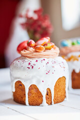 Easter cake with chocolate eggs decoration, on white wooden table the holiday, Happy Easter Holiday.