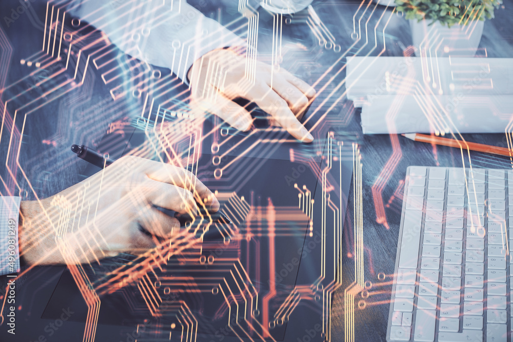 Poster double exposure of man's hands holding and using a digital device and tech theme hologram drawing. t