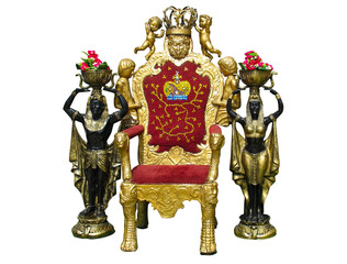 vintage luxury throne chair with two egyptian statues