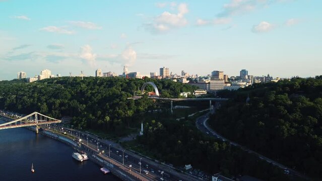 Kiev, Ukraine, June 2021: Panorama of the historical district of Kyiv - Podil. The architecture of the capital of Ukraine. Aerial drone view