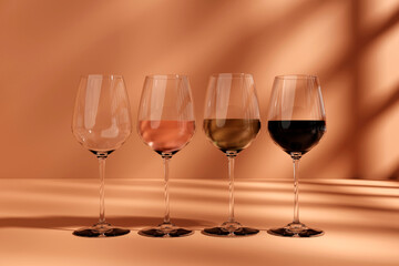 Set transparent 3d wine glasses empty, white, rose and red wine. 3d illustration in photo-realistic style.