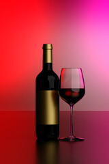 A bottle and glass of red wine on a white background, 3D illustration