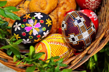 Easter eggs in basket .Basket with beautiful Easter eggs
