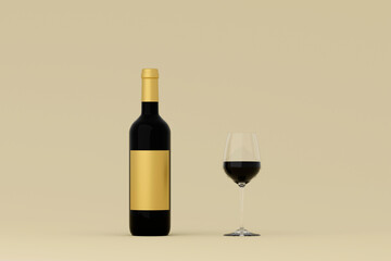 A bottle and glass of red wine on a white background, 3D illustration