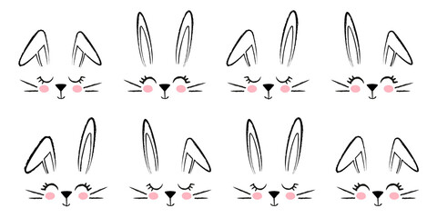 A collection with cute rabbit faces. Rabbit ears are hand-drawn with a pencil texture. A set of elements for Easter, decoration of children's rooms and objects