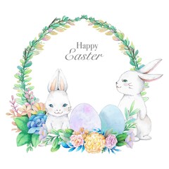 Watercolor wreath frame with spring easter decoration. Vector illustration.