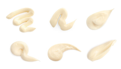 Set with tasty mayonnaise on white background, top view - obrazy, fototapety, plakaty