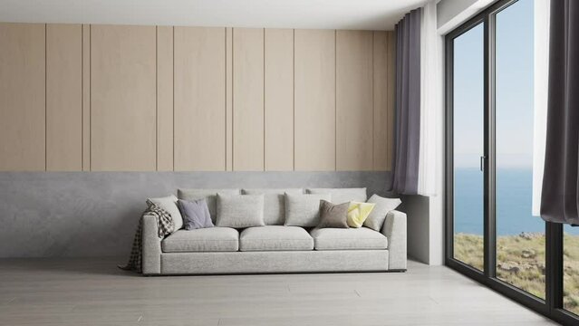 3d illustration. Furniture gradually appears in an empty room, and the room transforms into a living room in a modern style.