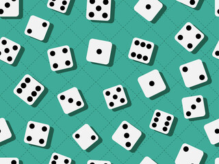 Dice seamless pattern. Dice scattered on the casino gaming table. Template design for banner, poster and promotional items. Vector illustration